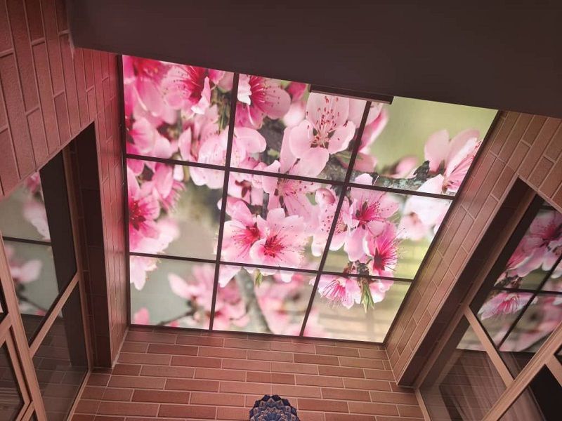 آسمان مجازی طرح گل آران نصب شده در سقف اتاق پذیرایی با نور طبیعی