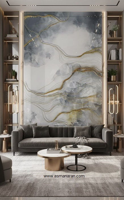 ماربل شیت شیشه‌ای طرح مرمر طوسی مناسب دیوار دکوراتیو