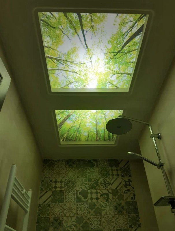 آسمان مجازی طرح درخت وجنگل آران نصب شده در سقف حمام با نور طبیعی